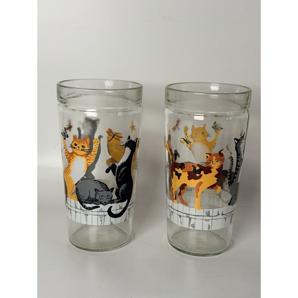 Vtg Cats on Fence Butterflies Tumbler Drinking Glass Anchor Hocking Jelly Jar